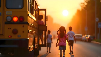 Pupils walking along the city street beside a large yellow school bus with urban background showing lifestyle, daily activity and transportation in outdoor environment