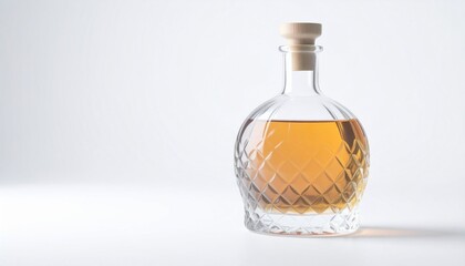 Elegant Liquor Bottle: A beautifully designed, crystal clear glass bottle with amber-colored liquor sits, the soft light enhances the details and the textures of this classic design.
