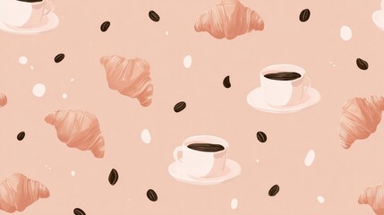 Obraz premium A seamless pattern of croissant and hot coffee cups in a pastel-colored background. minimalist