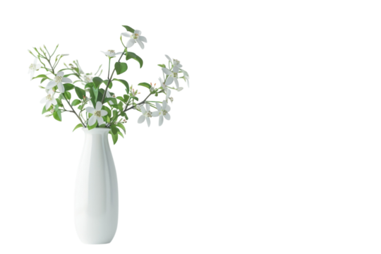 Delicate white flowers in a modern ceramic vase against a simple white backdrop, creating a serene and minimalist atmosphere isolated on transparent background - Powered by Adobe