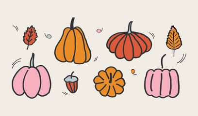 Set with different pumpkins, autumn leaves, acorn on isolated background. Vector illustrations of fall cartoon objects, vegetables, harvest, plants. Design for Thanksgiving Day, autumnal season, event