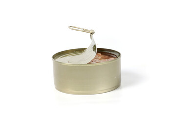 Open tin can with tuna on a white background
