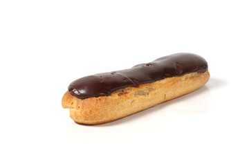 Chocolate éclair on a white background