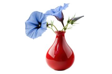 A vibrant red vase holds delicate blue flowers, creating a striking contrast that captures the essence of simple elegance and beauty isolated on transparent background