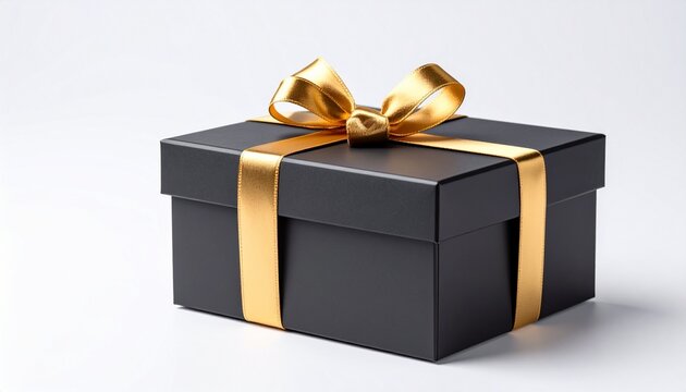 Black Gift Box with Golden Ribbon: A sophisticated black gift box adorned with a luxurious golden ribbon sits elegantly, ready to bestow a touch of charm.