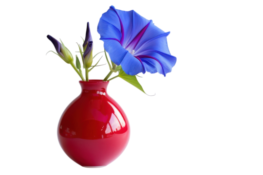 A vibrant blue morning glory flower blooming elegantly in a glossy red vase against a minimalistic white backdrop isolated on transparent background