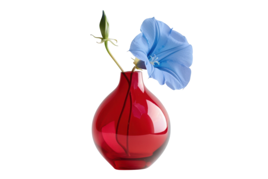 A delicate blue flower gracefully blooms in a vibrant red vase against a minimalist white backdrop isolated on transparent background - Powered by Adobe