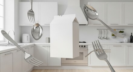 Floating utensils and white house shaped package in modern kitchen interior