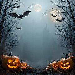 Halloween scary forest scene with pumpkins and bats under the moonlight in a spooky atmosphere creating festive autumn holiday mood with horror, seasonal celebration and dark night theme