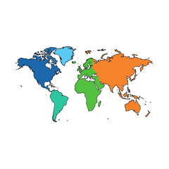 Cartoon World Map with Colored Continents and Black Outlines