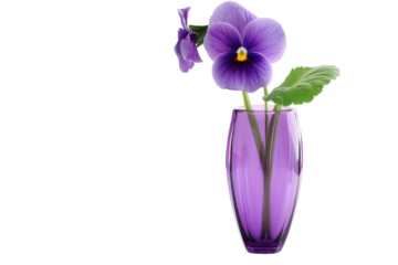 A vibrant purple pansy blooms gracefully in a stylish vase, showcasing delicate petals and lush greenery against a bright backdrop isolated on transparent background
