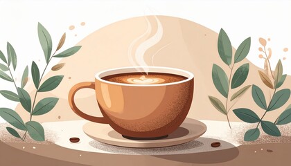 A warm steaming cup of coffee in a cozy minimalist illustration.