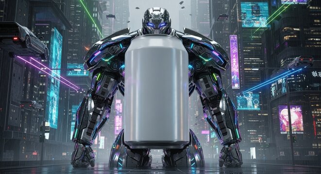 Futuristic robot holds blank container in cityscape