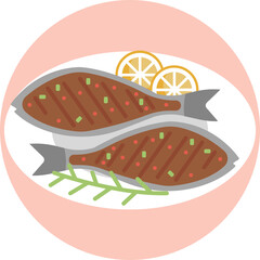 Illustration of a cooked fish on a plate, representing grilled seafood.