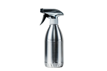 A sleek silver spray bottle releasing a fine mist in a bright and clean setting during midday light isolated on transparent background