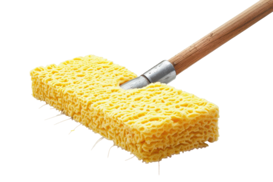 An innovative cleaning sponge on a wooden handle ready for household tasks and spring cleaning chores in a bright, well-lit space isolated on transparent background