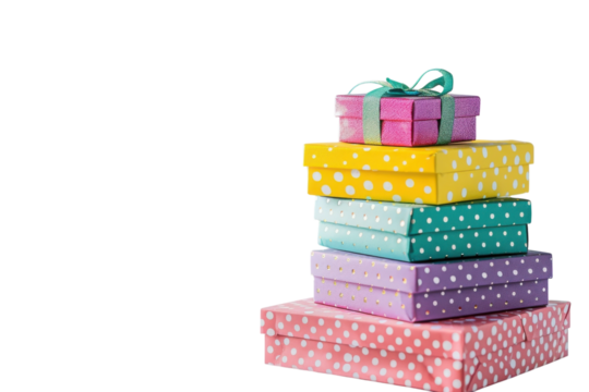 Colorful stacked gift boxes adorned with polka dots, ready for celebration, arranged neatly in a bright, cheerful display isolated on transparent background