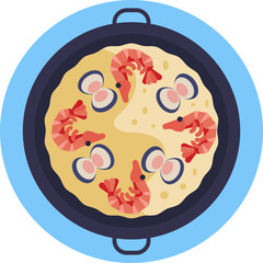Traditional Spanish rice dish with seafood, cooked in a wide shallow pan.