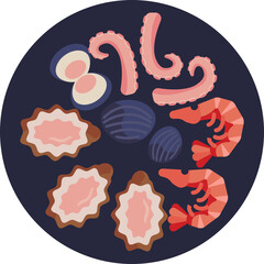 Icon showing a variety of seafood types to represent mixed seafood dishes.
