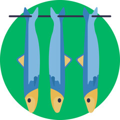 Skewered fish, typically sardines, for barbecuing or grilling.