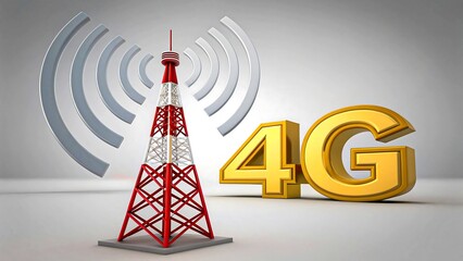 Title: 3D illustration of 4G network symbol with communication tower and signal waves 
