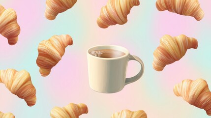 A seamless pattern of croissant and hot coffee cups in a pastel-colored background. minimalist