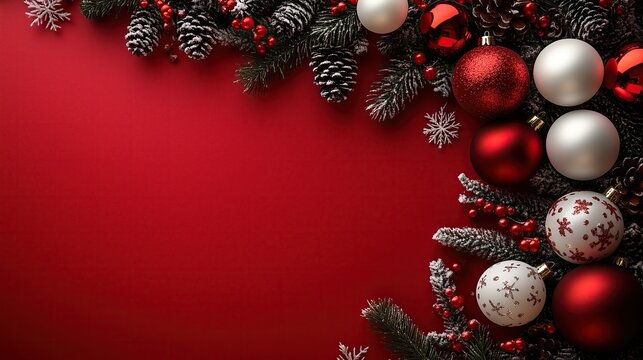 Flat red surface Christmas background with white and red ornaments on right side, minimalist festive atmosphere high-resolution commercial pattern for card, packaging and digital media holiday theme d