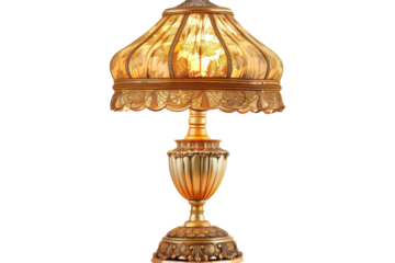 Elegant vintage lamp casting a warm glow in a cozy living room setting during the evening hours isolated on transparent background