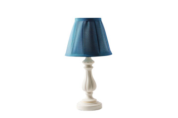 Elegant white lamp with a textured blue shade illuminating a bright and minimalist space isolated on transparent background