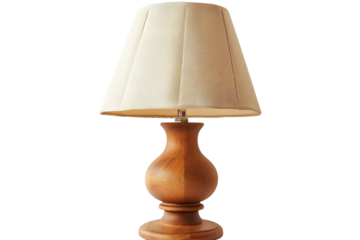 A beautifully crafted wooden lamp with a textured shade illuminating a cozy room at dusk isolated on transparent background