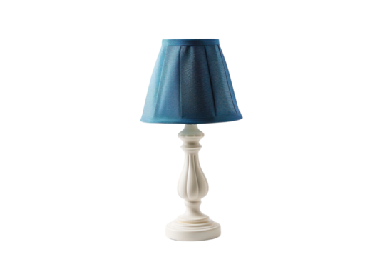 Elegant white lamp with a textured blue shade illuminating a bright and minimalist space isolated on transparent background