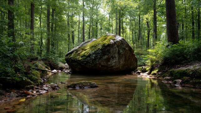 Large rock in forest stream - Powered by Adobe