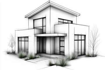 A modern architectural sketch of a minimalist house design featuring large windows and surrounding greenery.