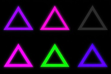 Six vibrant, neon-outlined triangles in various colors against a black background