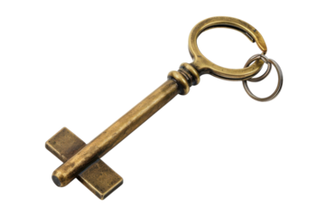 A vintage key with a circular handle and cross-shaped end rests against a white backdrop, sparking curiosity and hidden stories isolated on transparent background