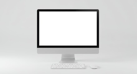 Fototapeta premium Clean minimal desktop setup showcasing blank white screen on a white background