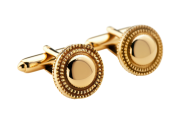 Elegant gold cufflinks arranged artistically on a soft white background, showcasing timeless style and sophistication isolated on transparent background