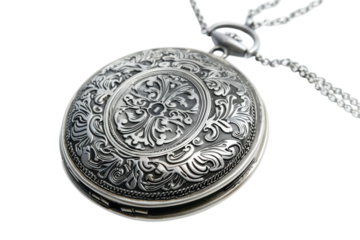 An intricately designed silver pocket watch resting elegantly against a soft background in a softly lit room showcasing timeless craftsmanship isolated on transparent background