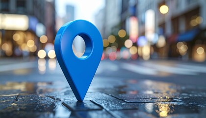 Blue location pins over city skyline at sunrise.