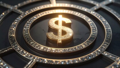 Glowing dollar sign with golden sparkles on dark background.
