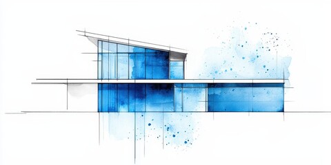 A modern architectural sketch featuring a sleek design with blue watercolor accents, highlighting a contemporary building concept.