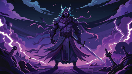 A man with striking purple lightning in his hair wields two swords, showcasing a fierce and energetic stance..eps