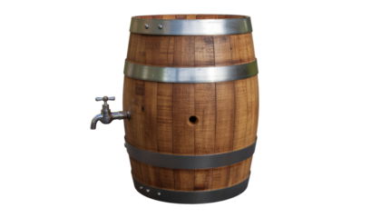 Wooden beer barrel with metal bands and rustic vintage design isolated on white background