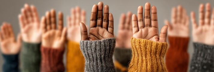 Diverse group of raised hands for community events, social campaigns, and educational projects, shown front view against neutral background with various skin tones and warm sweater colors, 3:1 banner 