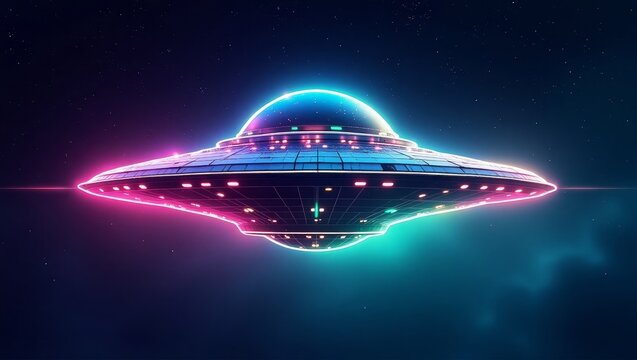 Neon spaceship hovering in starry expanse alien spacecraft - Powered by Adobe