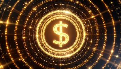 Glowing dollar sign with golden sparkles on dark background.