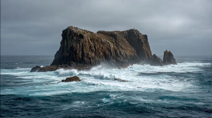 Large rocky island in ocean with waves under overcast sky
