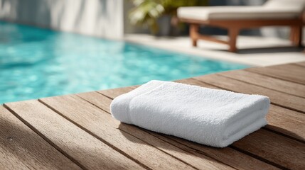 Beautiful photo of white microfiber towel (150x100 cm), thin and smooth, spread on a wooden poolside lounger next to clear turquoise water, bright summer sunlight, soft shadows.