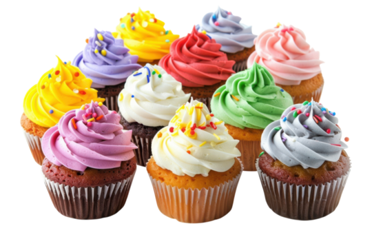 A delightful display of colorful cupcakes with swirled frosting and sprinkles arranged artfully on a white background isolated on transparent background