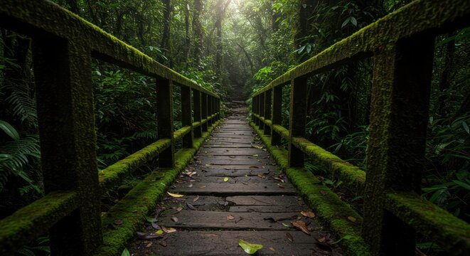 Mossy bridge leading into a lush green forest.
